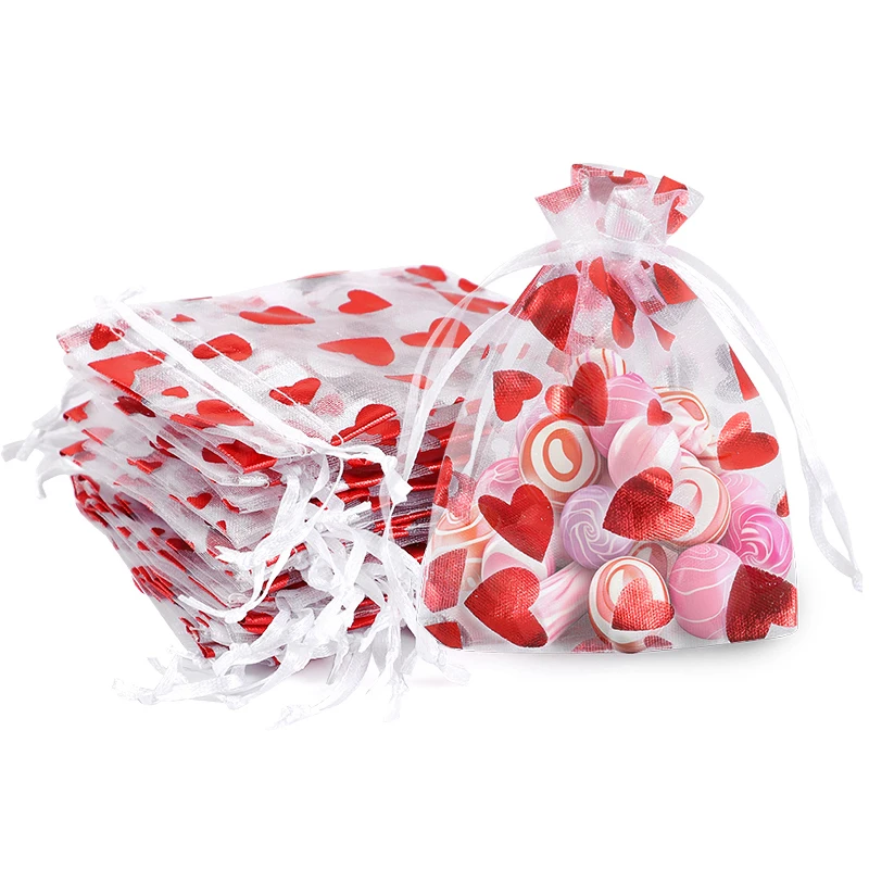 50pcs Red Love Heart Organza Bag Wedding Valentines Day Gift Candy Drawstring Bag Jewellery Display Pouches Birthday Party Decor