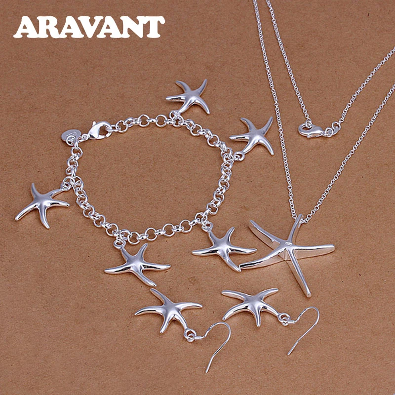 Aravant 925 Silver Romantic Starfish Pendant Necklace Earring Bracelet Set For Women Fashion Jewelry