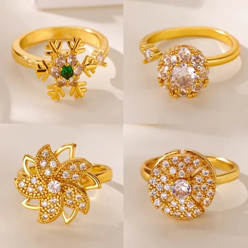 Rotating Snow Flower Anxiety Rings for Women Gold Color Pave Zircon Geometric Anti-Stress Ring Aesthetic Wedding Fashion Jewelry