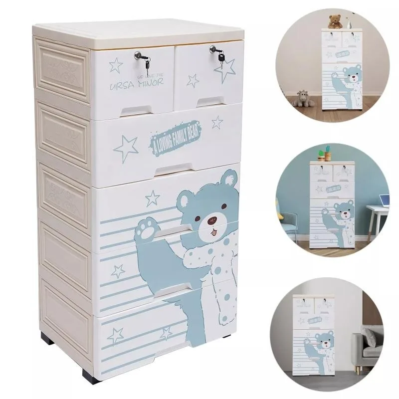 5 Layers Polar Bear Closet with 6 Drawers Tall Rolling Dresser Organizer Cartoon Style Shelf Dolls Storage Cabinet with Wheels 6