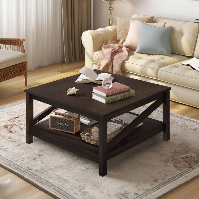 31.5" Modern Square Wood Coffee Table With Open Storage Shelf For Living Room