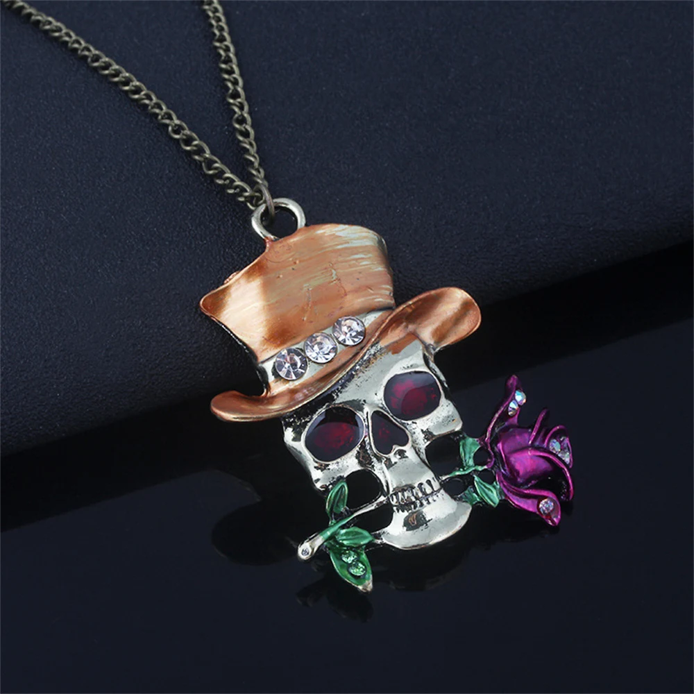 Mode Vintage Charme Skelett Rose Anhänger Halskette Halloween Schmuck Für Männer Frauen Geschenke – Detail 9