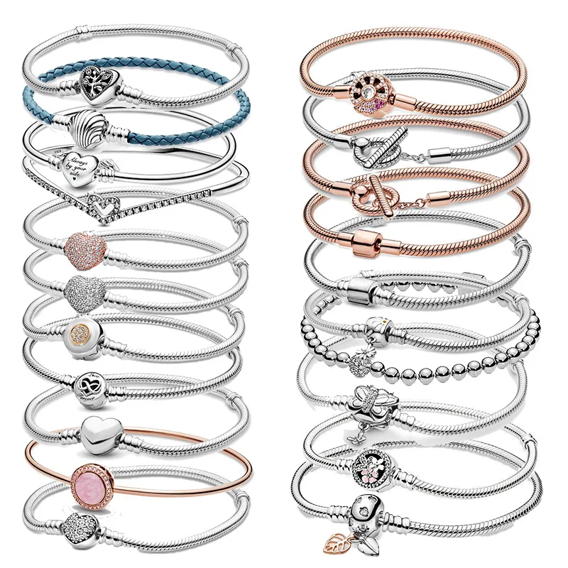 

Charms 925 Sterling Solid Silver Bracelet Heart T-Bar Cuff Chain Sparkling Blue Disc Clasp Snake Chain Bracelet Women Jewelry