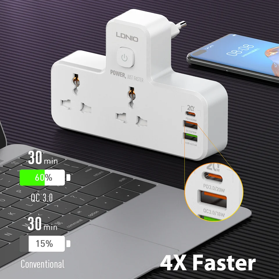 LDNIO Power Socket Adapter Multi Outlet 3 USB PD Charger 2 AC Universal Travel Surge Protector Pop Power Strip And Usb With LED power strip plug adapter electrical socket power socket power plug adapter