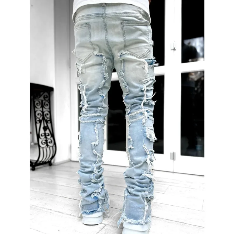 High Street Stretch Patchwork Jeans Y2k Tassel Straight Denim Trousers Hip Hop Retro Jeans Casual Pencil Pants For Men