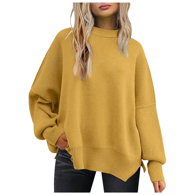Fashion Solid Crew Collar Knitted Crew Neck Batwing Long Sleeve Knit Side Slit Pullover Women'S Clothing свитер женский оверсайз 4