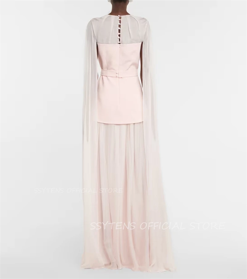 Light Pink Evening Dresses Women Chiffon Cape Sleeves Prom Gowns Homecoming Party Dress Long