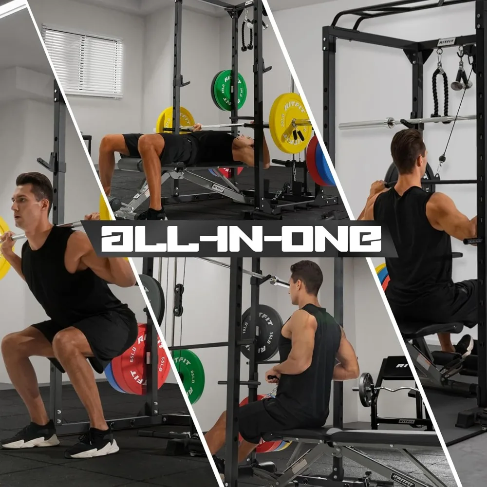All-in-One Squat Rack for Home Gym, Multi-Function 1000 LBS Capacity Power Cage with LAT Pulldown, Pulley System, Dip Bar