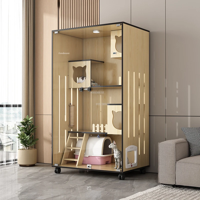 Nordic Solid Wood Cat Cages Indoor Transparent Glass Cat House Simple Panoramic Large Villa Household Waterproof Cage