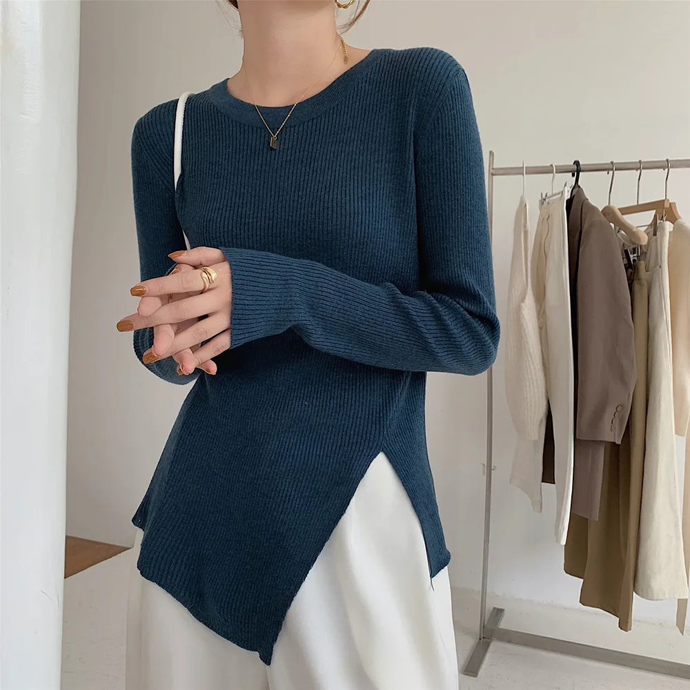 Croysier 2021 Fashion Women Asymmetric Slit Hem Ribbed Pullover Sweater Crew Neck Long Sleeve Casual Knitted Sweaters Pullovers sweater for women