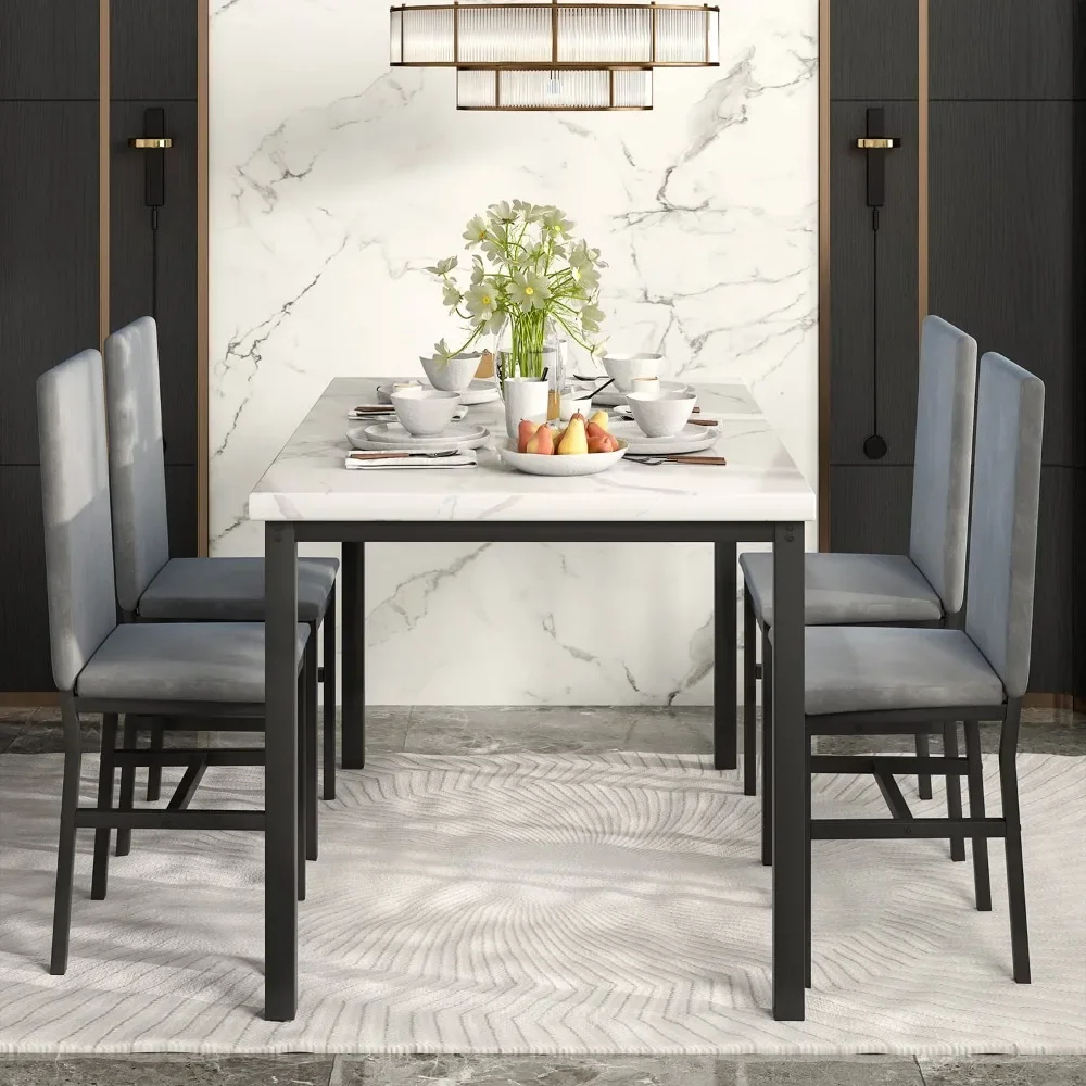 Dining Table Set for 4 4 PU Leather Chairs 5-Piece Marble DiningTable Set Velvet Metal Frame Chairs For Kitchen