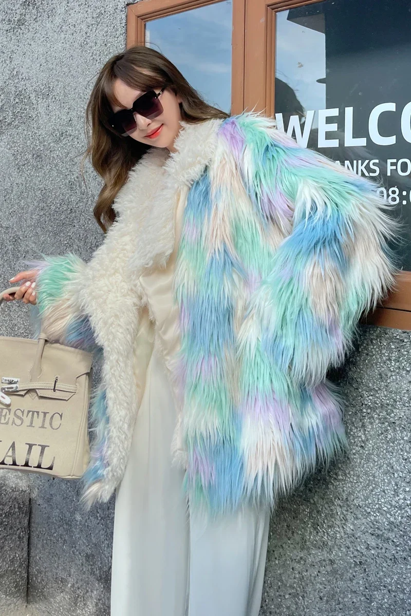 Winter 2023 Thick Warm Jacket Women's Faux Fur Mid-Length Suit Lapel Rainbow Color Lapel Long Sleeve Furry Coat Jaqueta Feminina
