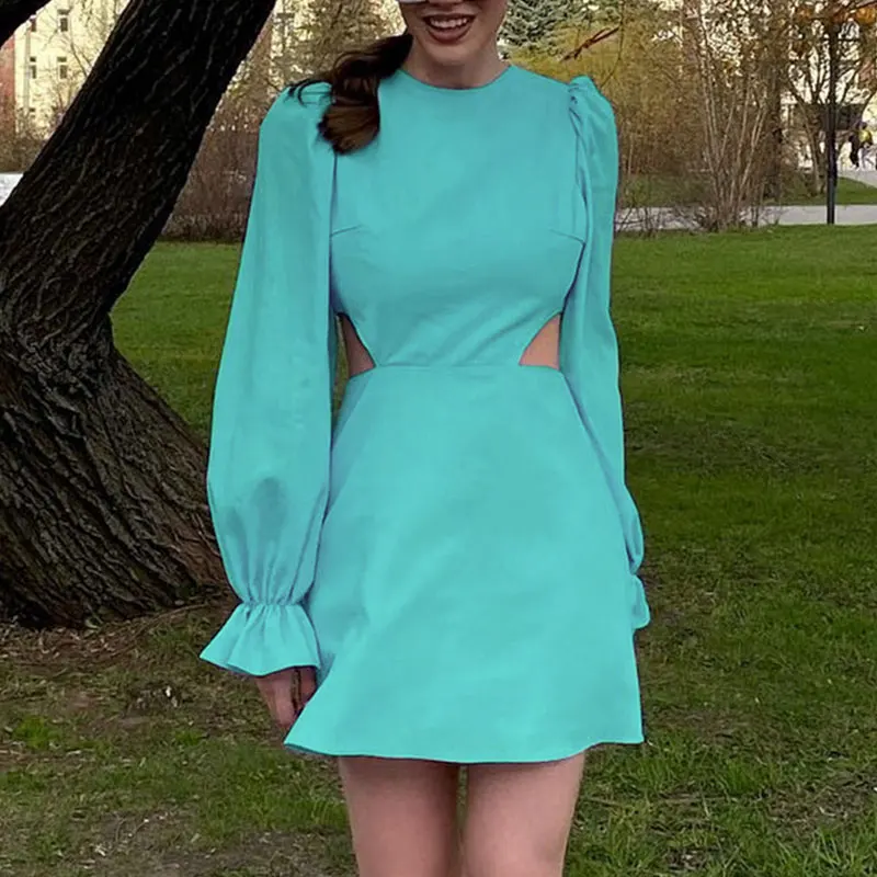 

Summer Women Candy Color Hollow Out Expose Waist Solid Color Sweet Wind Style Puff Sleeves Long-sleeved Mini Dress