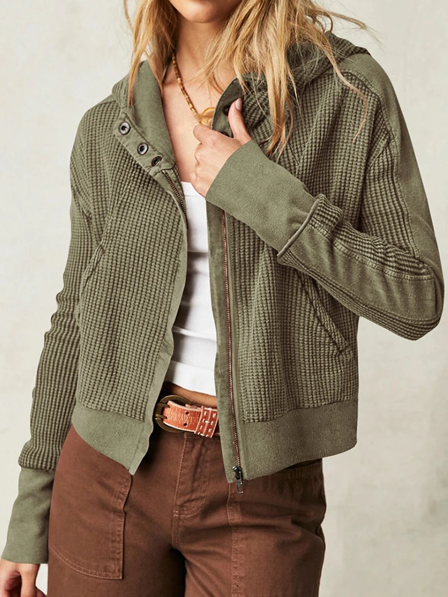 

Solid Color Casual Hoodie Woman Long Sleeve Hooded Waffle Sweaters Street Style Fashion Simple Autumn New Short Knit Shirt