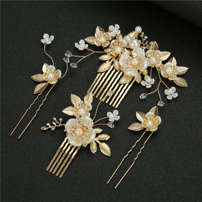 Golden Hair Comb Floral Pearl Hairpin Wedding Hair Accessories For Women U-shaped hair Clips Fashion Bridal Tiaras Jewelry