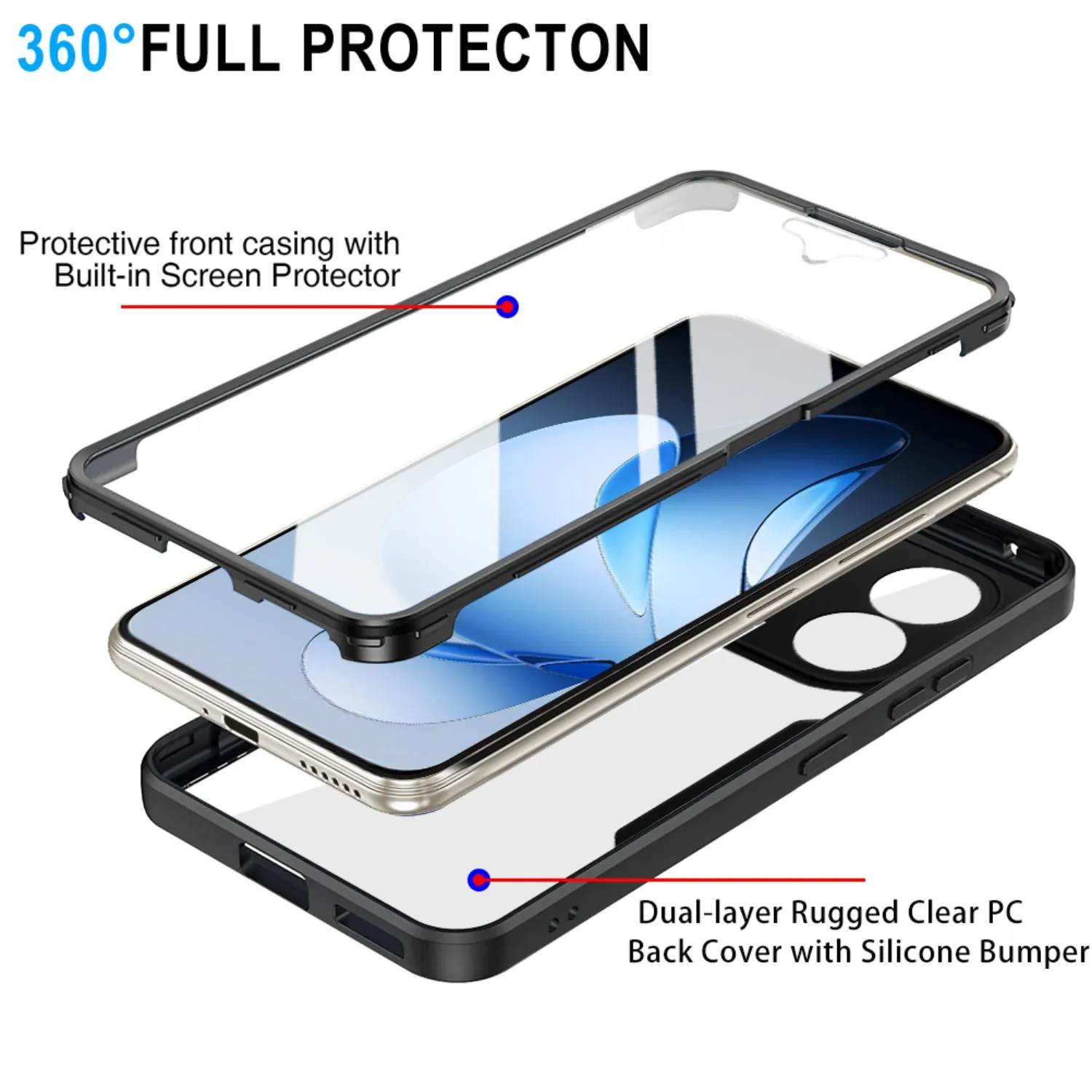 360° Shockproof Phone Case with Built-in Screen Protector and Transparent Back