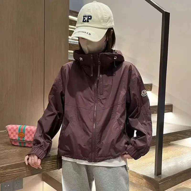 Women Long Sleeve Hooded Jacket Streetwear Double Zipper Outdoor Casual Loose Tops Sun Protection Korean Fashion Women's Clothes