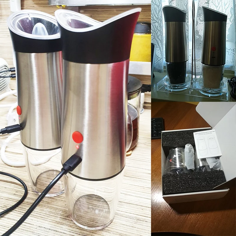 salt and pepper grinder USB Charging Salt and Pepper Grinder Set Gravity Operation Spice Seasoning Mill Shaker Adjustable Coarseness Stainless Steel