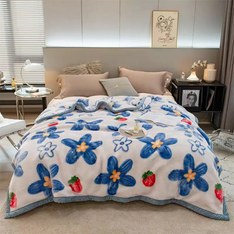 Winter Mink Blankets For Beds Soft Warm Double Layer 150*200Cm Cartoon Floral Pattern Faux Fur Thick Plaid Blankets