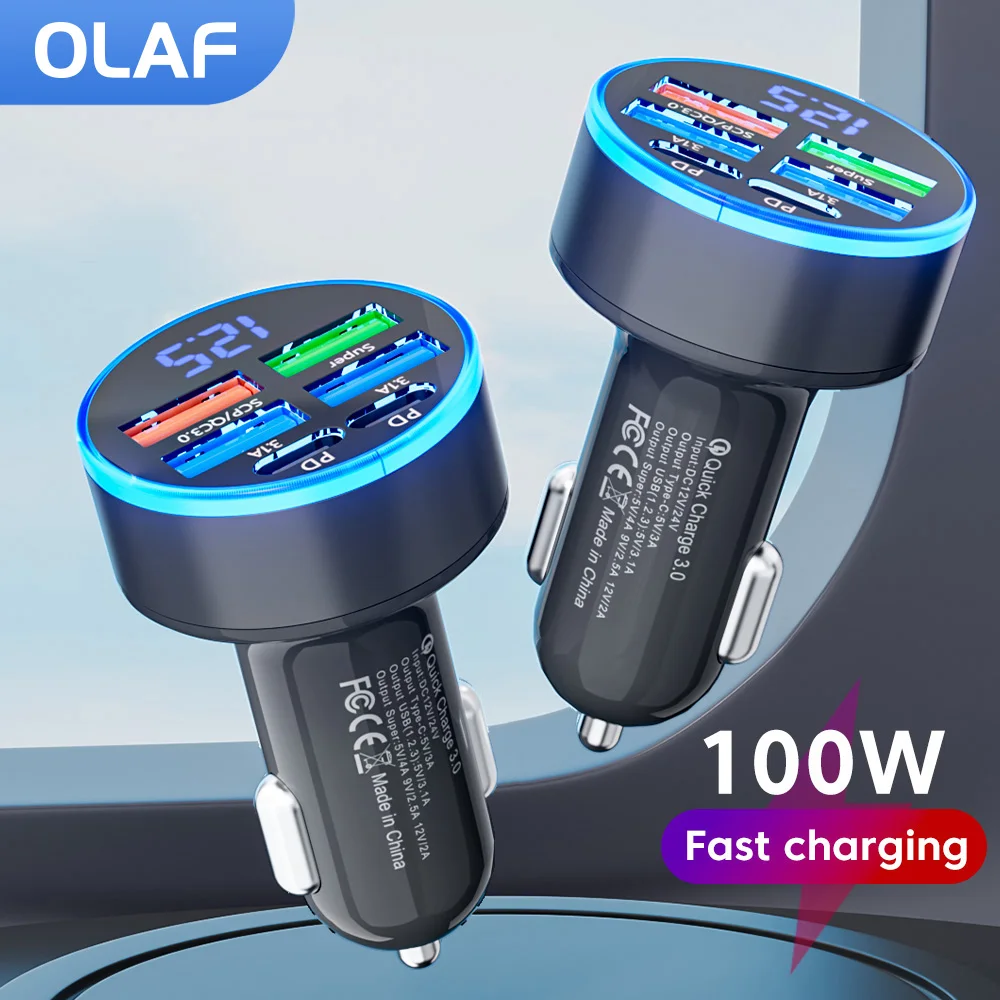 High-Powered 100W USB Car Charger with Fast Charging and Type C - 6-Port Adapter