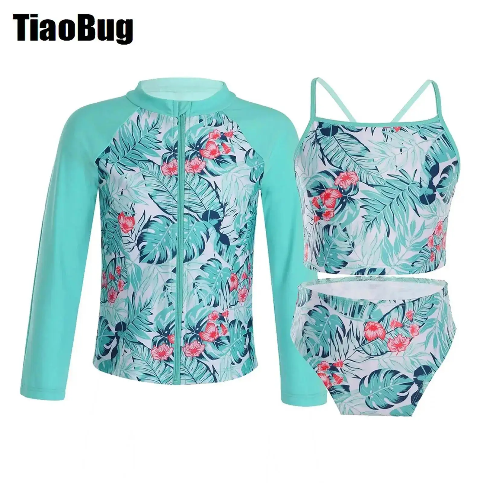 Kids Girls Swimwear Straps Sleeveless Tops with Briefs And Long Sleeves Front Zipper Closure Coat Set Beach Bathing Suits children swimsuit