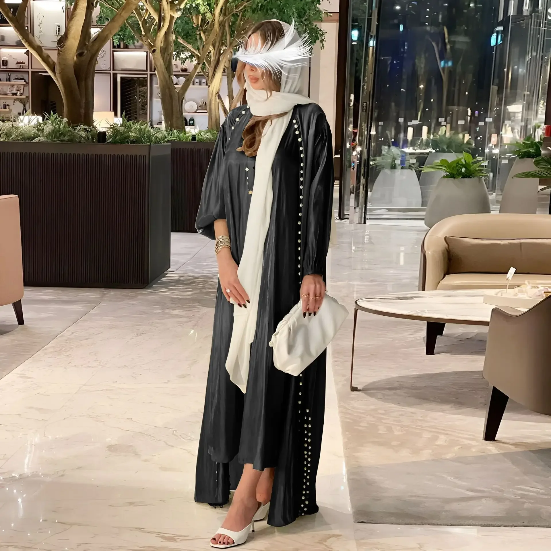 Beads Silky Satin 2 Piece Abaya Set Party Evening Sleeveless Dress+Kimono Dubai Modest Islamic Muslim Suit Sets Women (No Hijab)