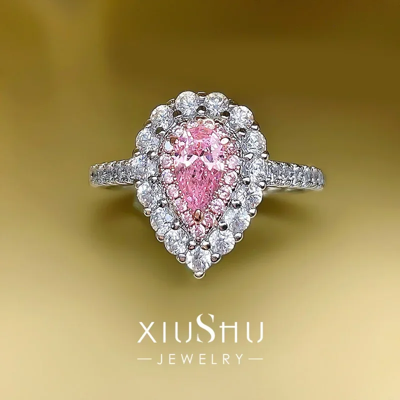 

Desire Silver pear shaped water drop cherry blossom pink ring with high carbon diamond micro inlay multifunctional giftt
