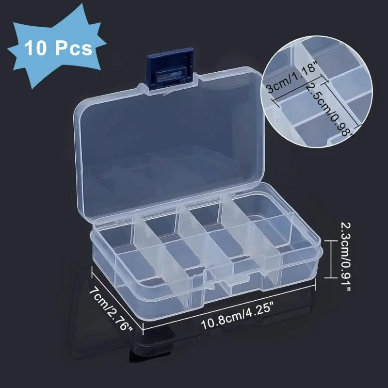 10 Pack 8 Grids Plastic Organizer Box 2.7x4.7x0.89 Clear Plastic Jewelry Dividers Box Organizer Mini Tackle Boxes Jewelry