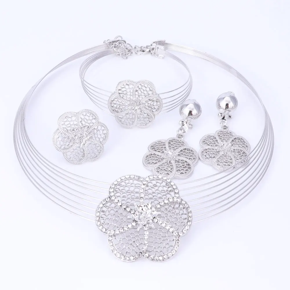 Vintage Rhinestone Flower Pendant Necklace Earrings Bracelet Ring Set Silver Color African Bridal Wedding Costume Jewelry Sets bridal jewelry sets crystal jewelry sets