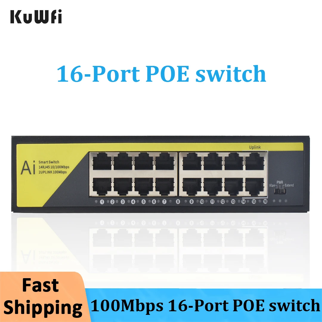Kuwfi Switch Poe A 16 Porte Switch Ethernet Vlan 10/100Mbps Uplink Plug And Play Switch Di Rete Per Telecamera Ip Cctv/Router Wifi