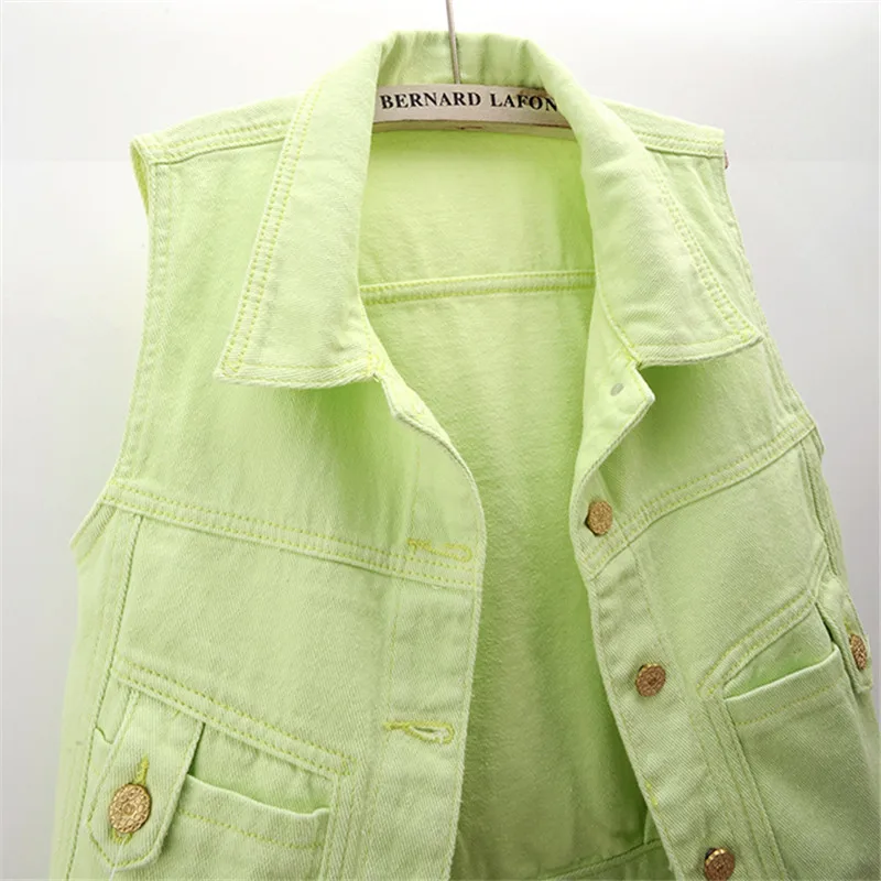 

Spring Summer Fruit Green Denim Vest Women Slim Short Waistcoat Cowboy Sleeveless Jacket Korean Big Pocket Jeans Vests Female
