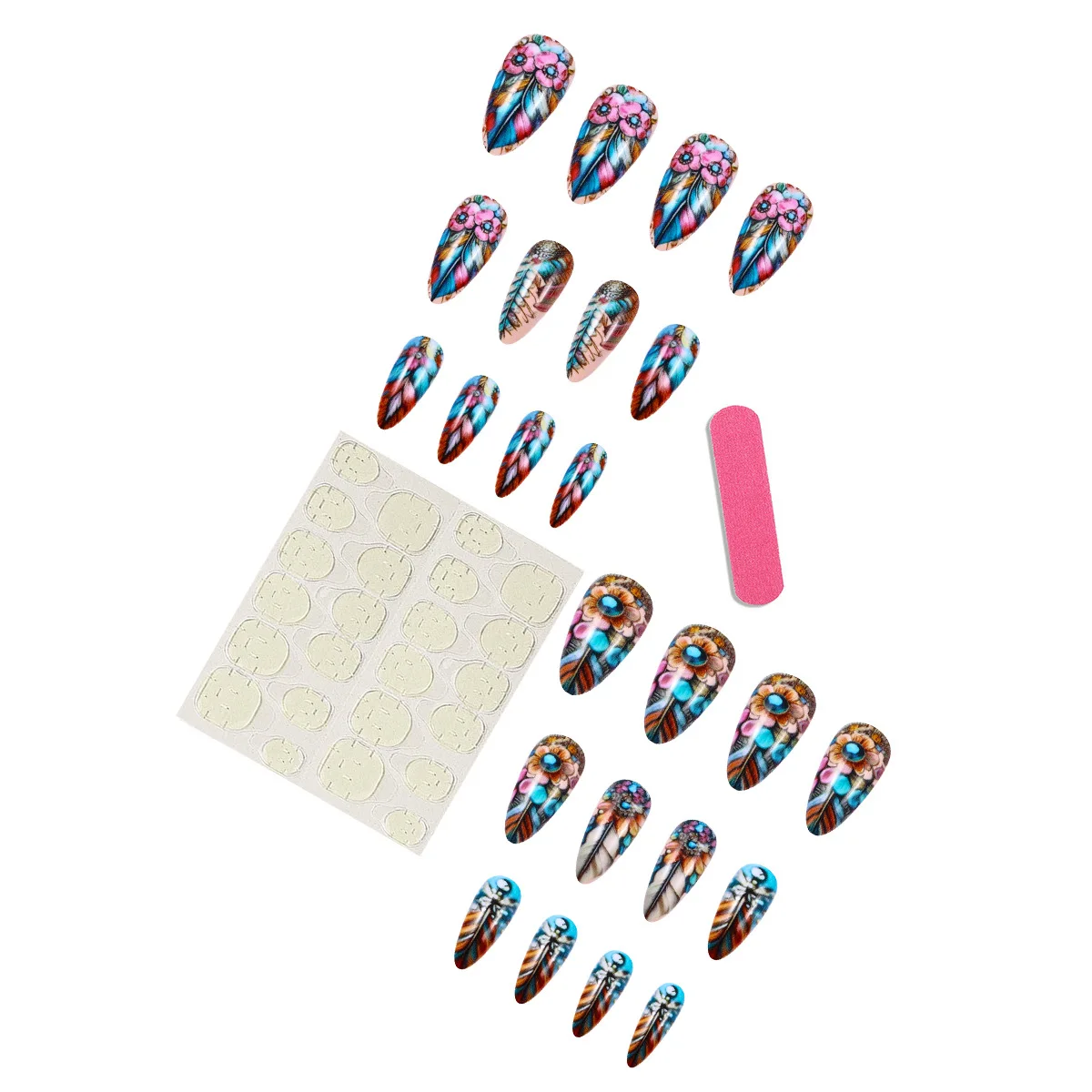 24 Stück/Set Mittellange Künstliche Nägel Quadratische Ballett-Nagelspitzen Glitzernde Sternenhimmel-Mond-Stern-Feder-Design Aufklebenägel Falsche Nagelkunst – Detail 21