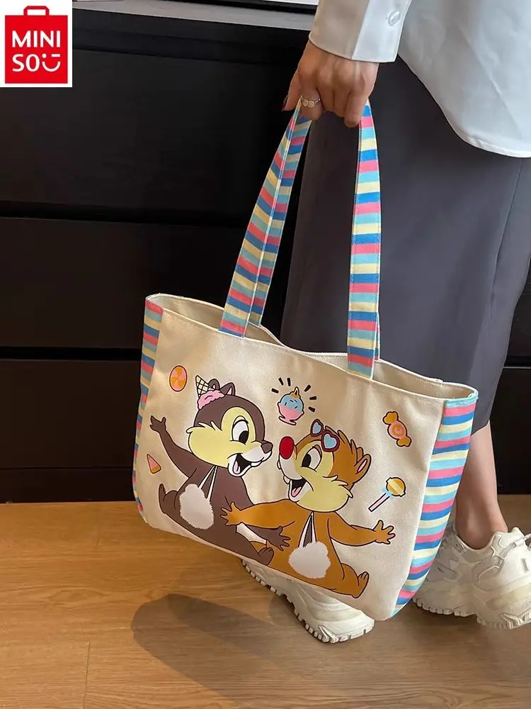 MINISO Disney Carton Chichitti Fashion Canvas Printed Cute Shoulder Bag Women's Large Capacity Multi functional Storage Tote Bag