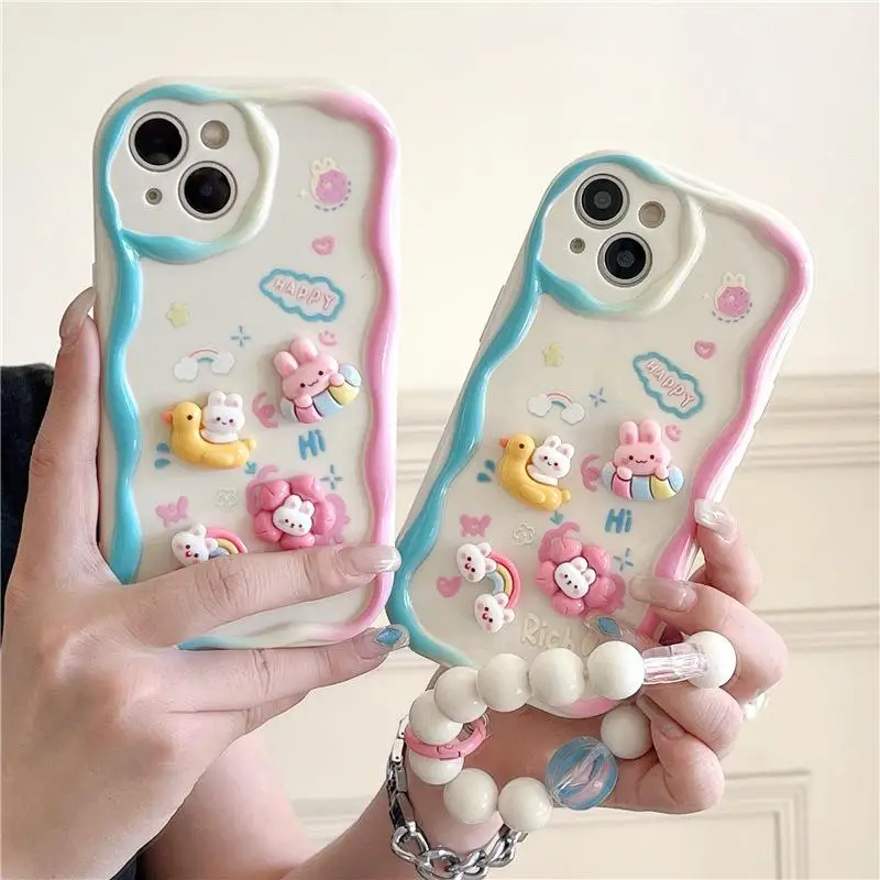 Lovely 3D Cartoon Flower Chain Phone Cases For iPhone 15 Pro Max