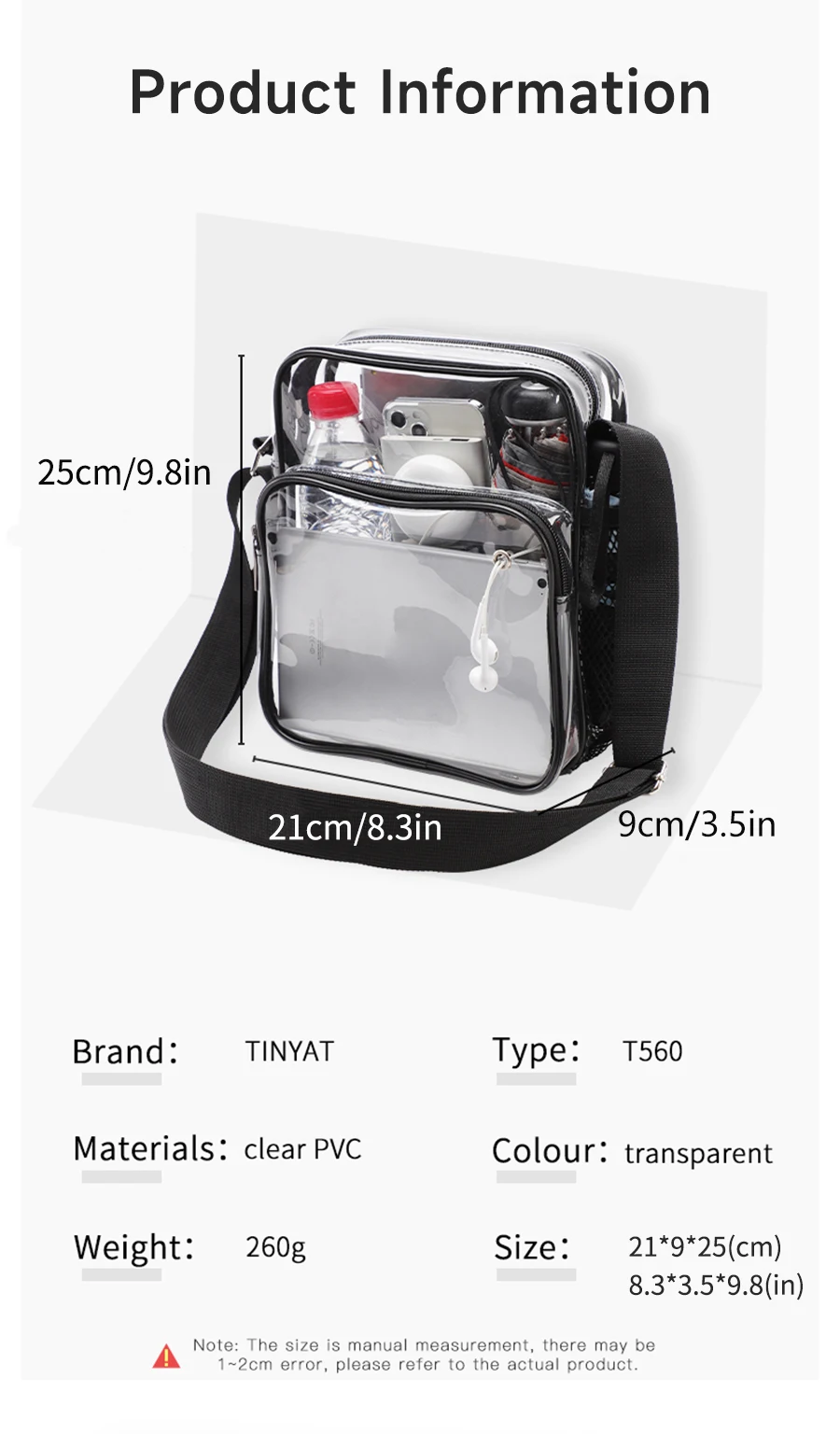 TINYAT Leichte, wasserdichte, transparente PVC-Tasche für Damen mit Netzgurt, Kopfhöreranschluss und Regenschirm, für Handys mit 9,7 Zoll iPad