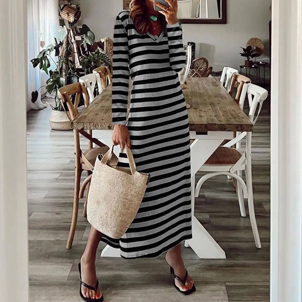 

Style Women Dress Stylish Striped V Neck Midi Dress Loose Fit Soft Fabric Split Hem for Fall Spring Fashion Loose Cut Dress