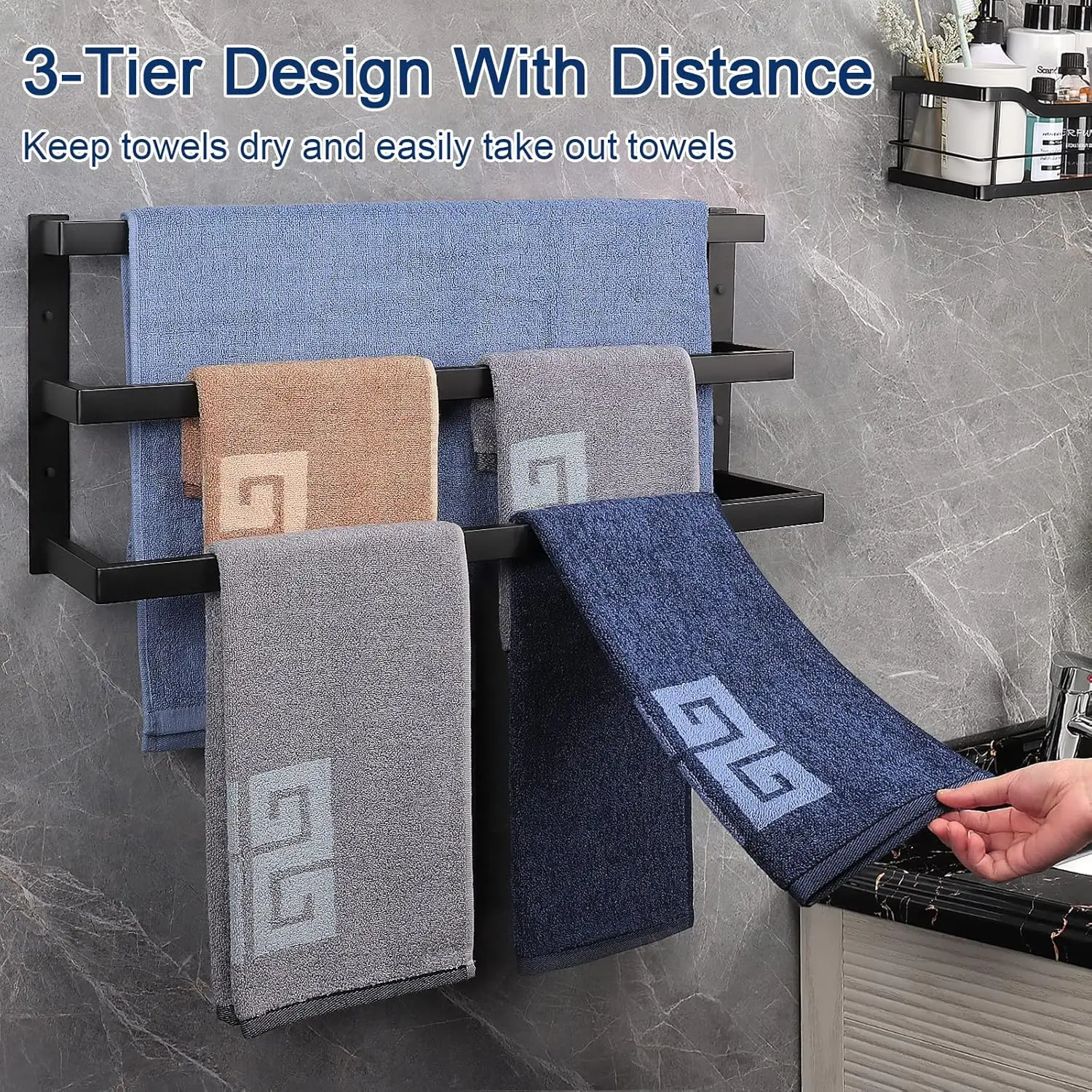 Towel Rod Holder Square Shelf Rack Hanging Towel for Bath Thicken SUS304 Stainless Steel Rack Wall Mounted-3-Tier Bathroom
