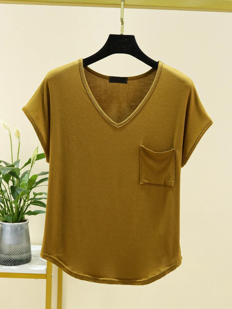 

New in V-Neck Pocket T-shirts Short Sleeves Women Modal Loose T-Shirt Solid Color Over Size Basic Tee Tops Women's Home Clothing