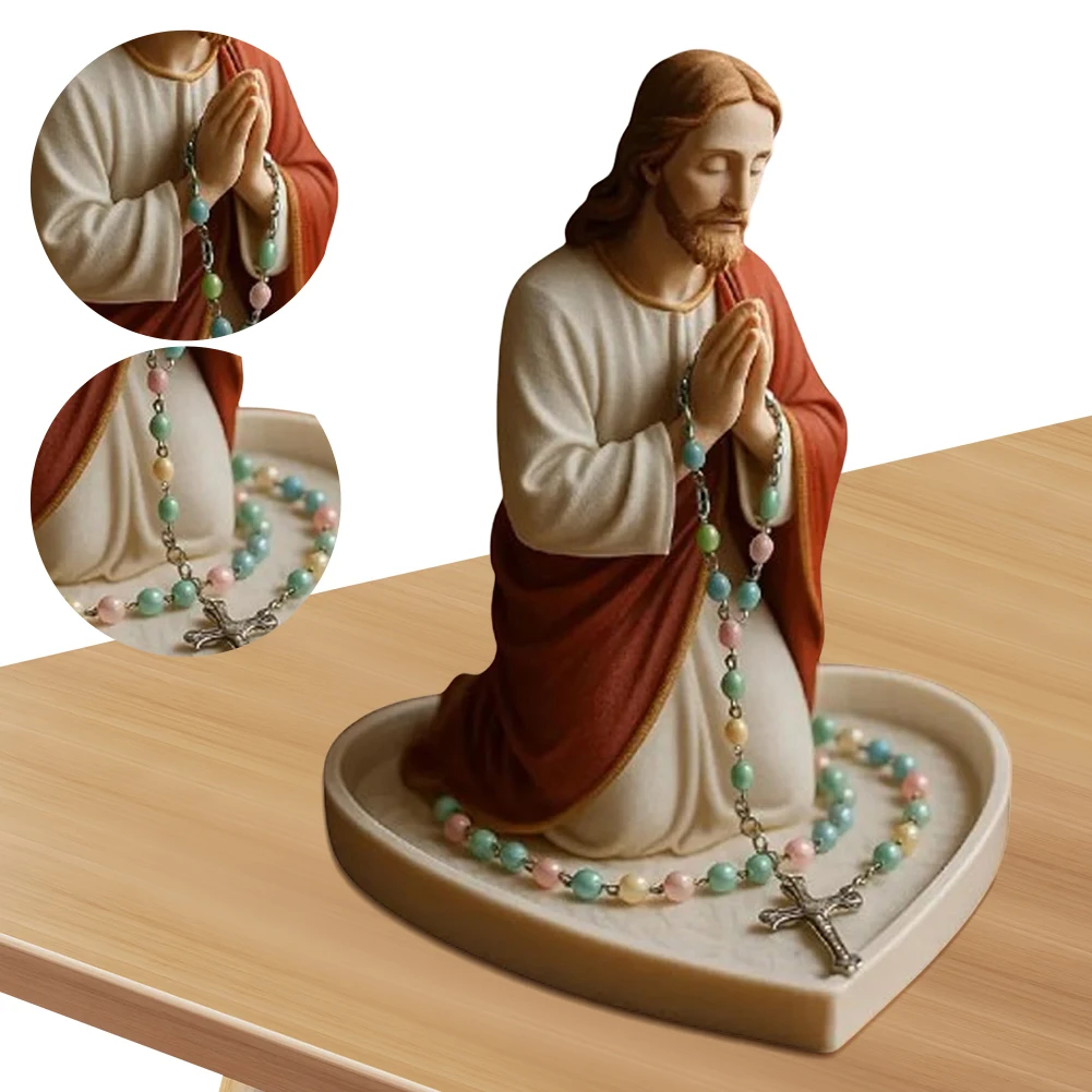 Virgin Mary Rosary Holder Statue Resin Elegant Our Lady Prayer Rosary Box Desktop Blessed Holy Mother Figure Catholic Home Decor