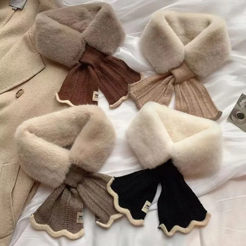 Korean Knitted Fishtail Scarf New Splice Wool Scarf Imitating Rex Rabbit Hair Cross Wool Scarf