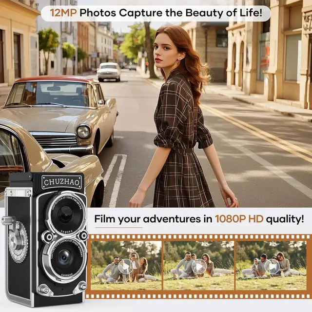 CHUZHAO Mini 1.54in Retro Digital Camera Portable Vintage Camera with 16GB 12MP Photos Autofocus 1080P FHD Video 1000mAh Battery 6