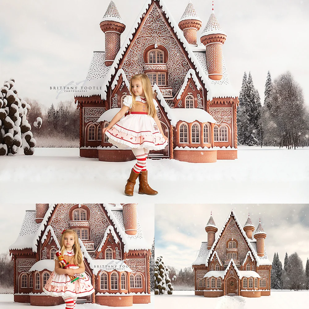 

Christmas Gingerbread Home Photo Background Winter Snow Forest Photo Studio Props Kids Portrait Photography Backdrop Cloth