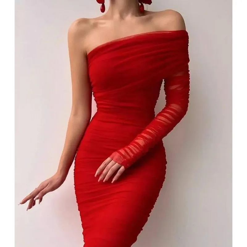 

Women's Diagonal Collar Wrap Hip Dress, One Shoulder Mesh Sleeve Bodycon Dresses, Solid Party Dress, Clubwear Robe, Sexy