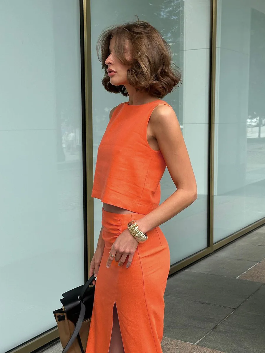 Linen Vest Suit Fashionable Round Neck Sleeveless Top And Side Slit Long Skirt Two Pieces Set Slim Casual Solid Color