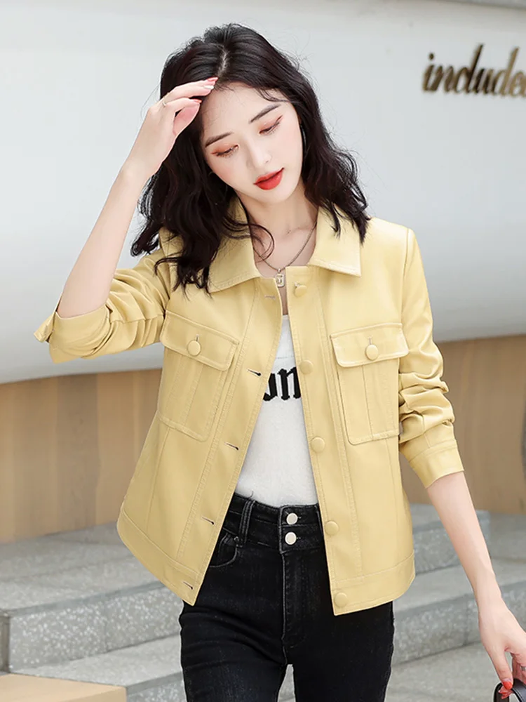 New Women Leather Jacket Spring Autumn Fashion Casual Turn-down Collar Soft Sheep Leather Coat Short Slim Outerwear Female