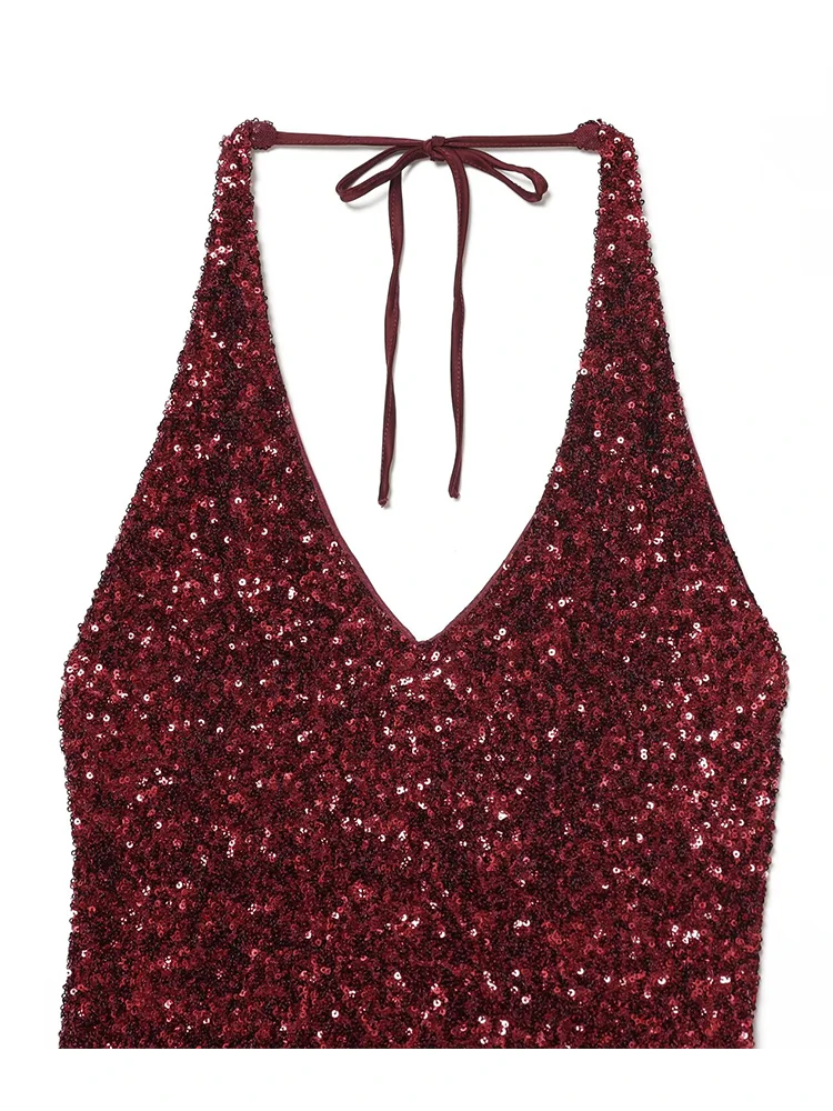 Women's Sequin Sleeveless Halter Maxi Dresses Solid Bodycon Dress Off Shoulder V neck Sexy Club Party Dresses ﻿