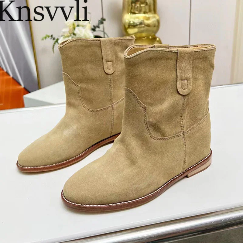 

Cow Suede Ankle Boots Women Round Toe Slip-on Short Boots Autumn Shoes Women Height Increasing Western Cowboy Boots Woman