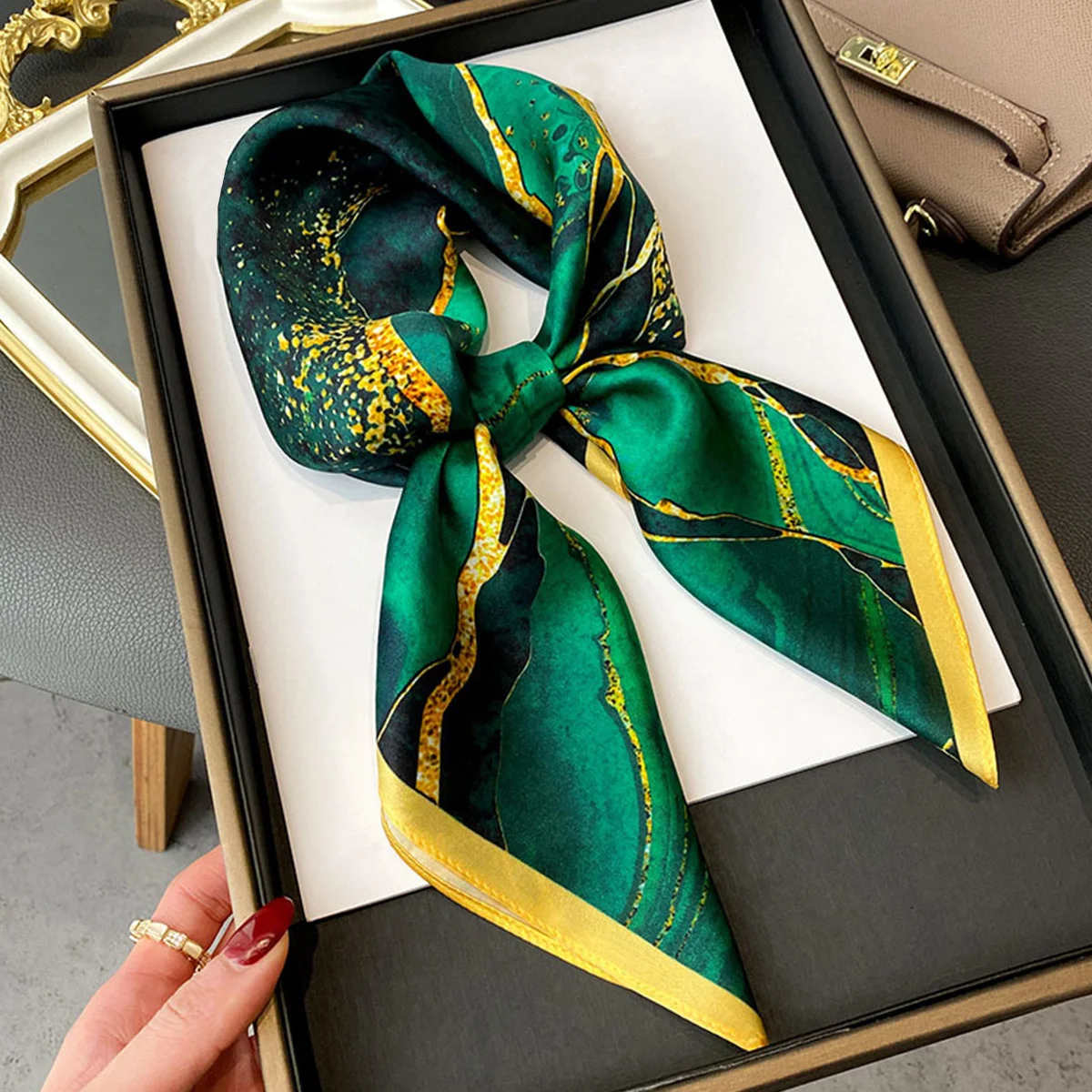 27.5" Dark Green River Print Neckerchief Vintage Imitation Silk Square Scarf Bandana Breathable Head Wrap Hair Accessories 1