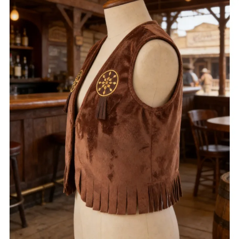 키즈 브라운 스웨이드 소년 조끼 세트(스카프 모자 포함) 휴일 의상 역할극 무대 공연 의상