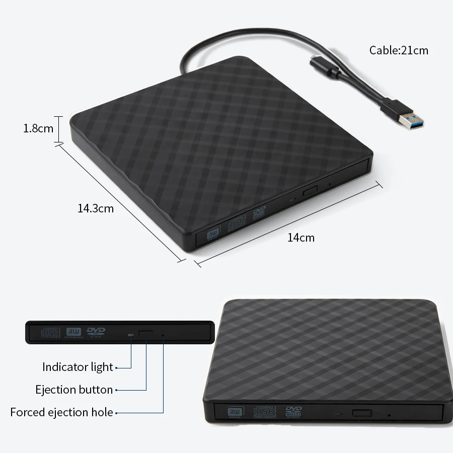 외장 DVD 드라이브 USB 3.0 휴대용 슬림 광학 드라이브 버너 리더 플레이어, 트레이 타입, 노트북 PC 컴퓨터용